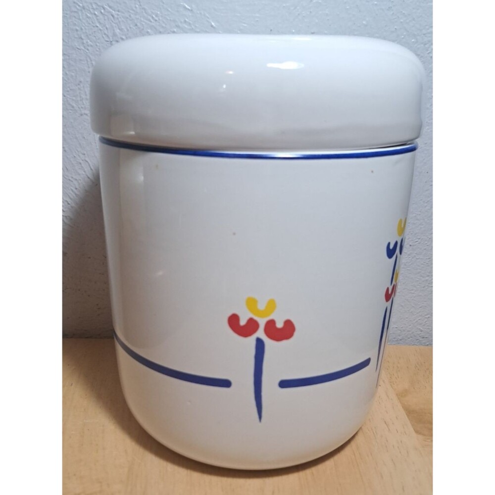 Riva Designs Tulips 7” Canister and Lid , Blue Trim, Japan